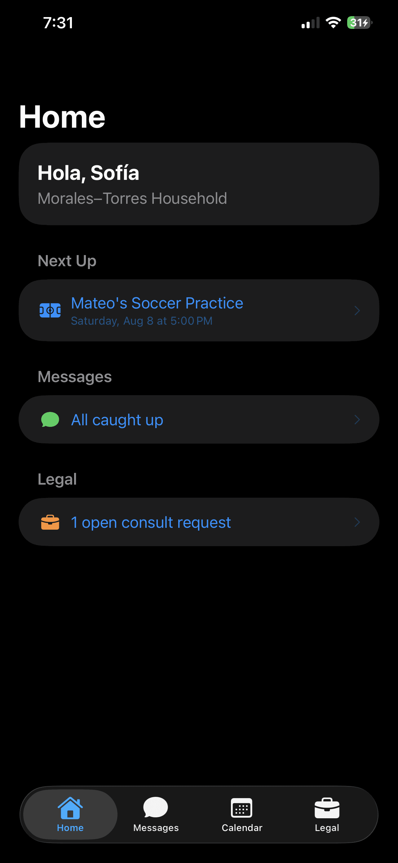 Dos Casas home screen showing today's schedule, messages, and legal requests